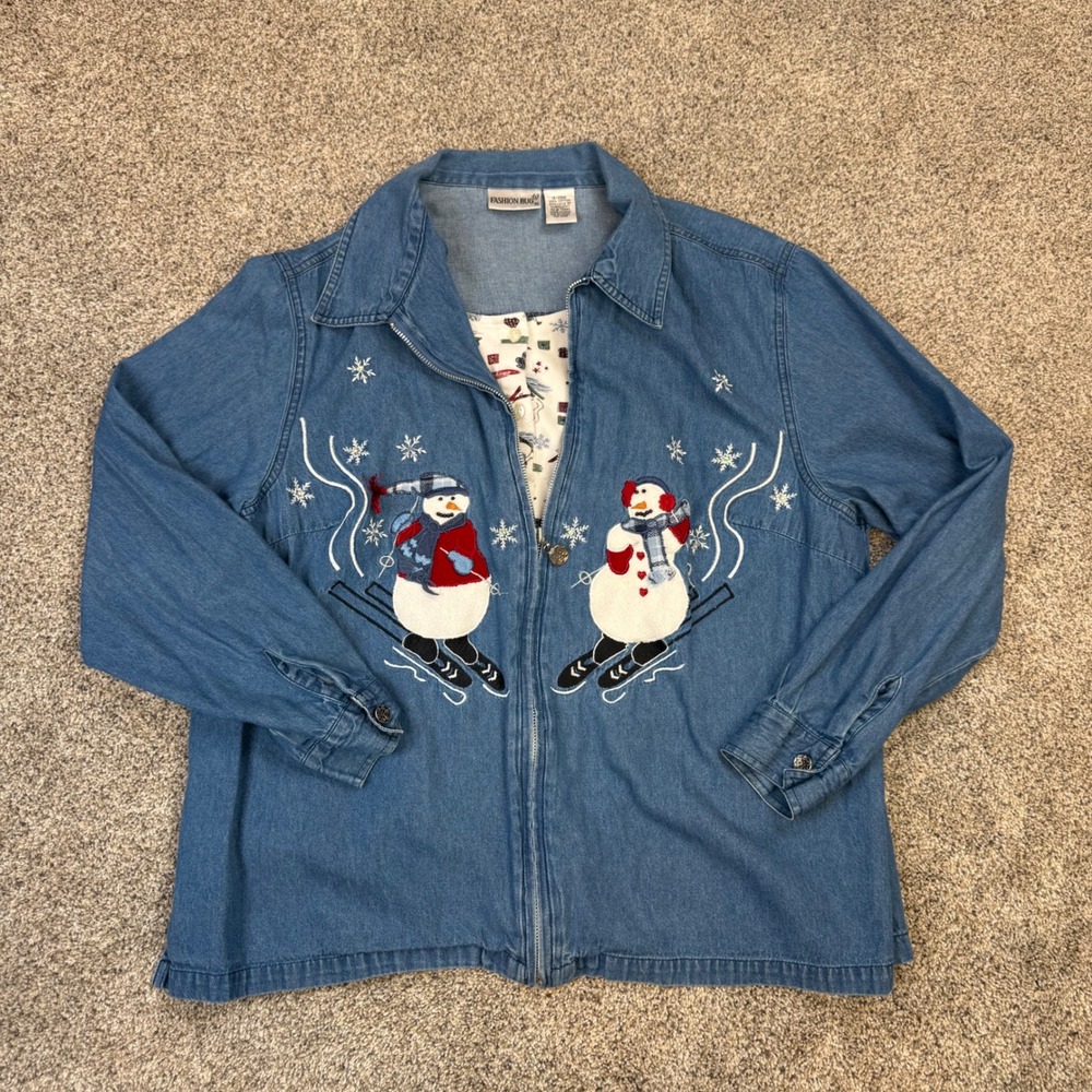 Vintage Fashion Bug Denim Jacket Women 18/20W Blue Embroidered Skiing Snowman